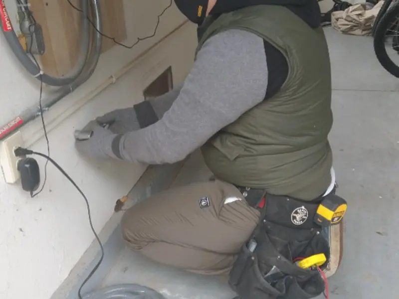 Electrician performing outlet wiring in a O'Hara garage
